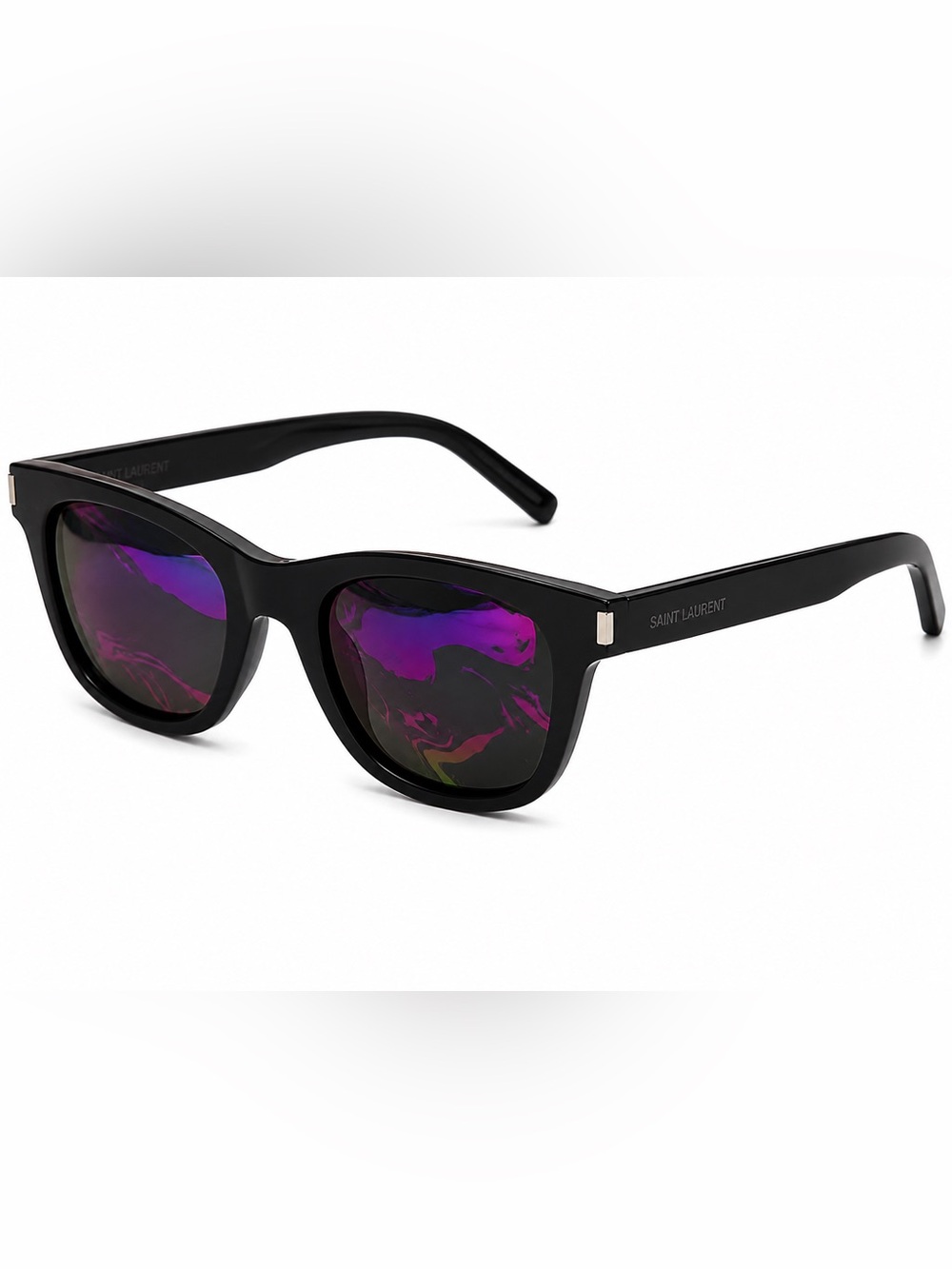 Saint Laurent Black Frame Sunglasses with Purple Mirrored Lenses